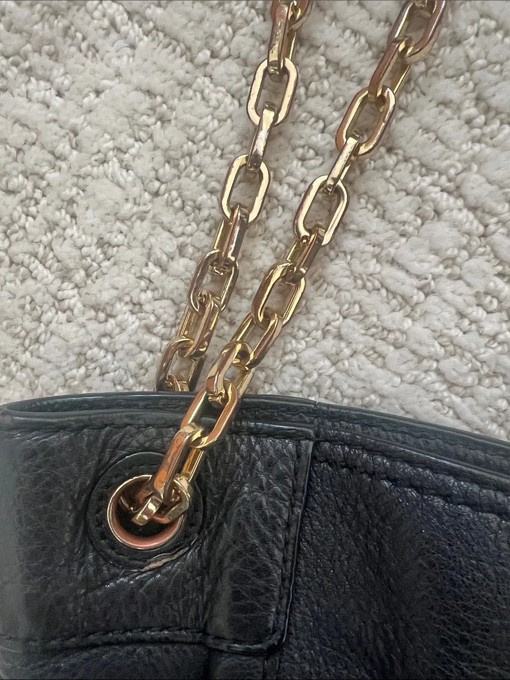 Tory Burch Black Leather Tote with Gold Logo & Chain Straps
